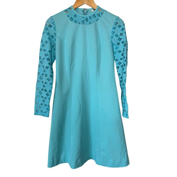 Montgomery Ward Dresses & Skirts - Vintage 70s Montgomery Ward Blue Dress Crochet Lace Sleeve Mock Neck XS Small